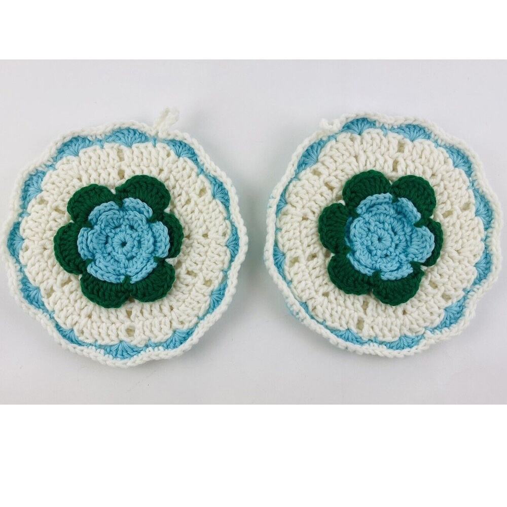 2 Handmade Crochet Potholder Trivet HotPads 3D Raised Blue Green Flowers Thick 8